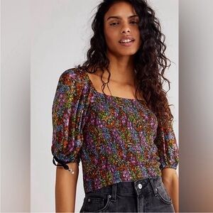 Free People Back On Top Floral Smocked Crop Top Size XS